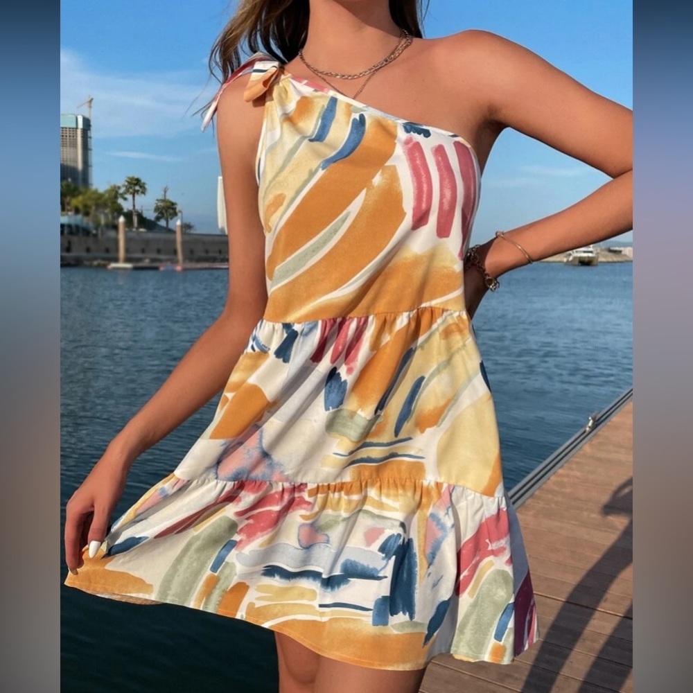 Boho one shoulder watercolor print ruffle hem dress - Picture 7 of 7